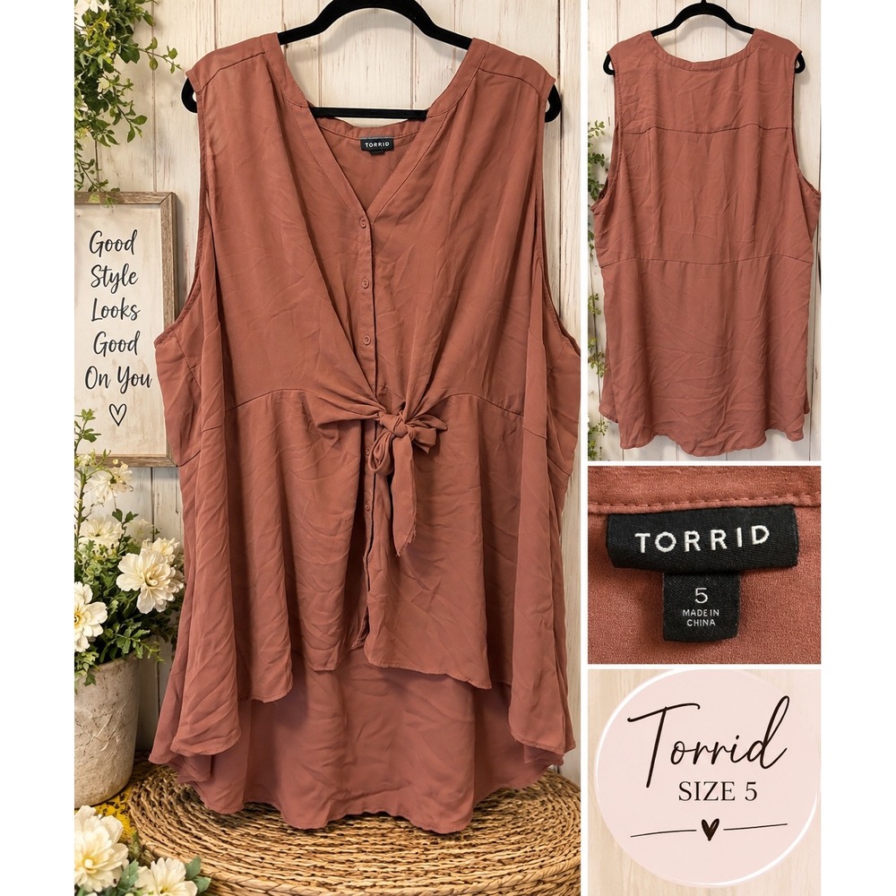 Torrid Women Size 5 Terracotta Tie Front High Low Sleeveless Blouse 11842431
